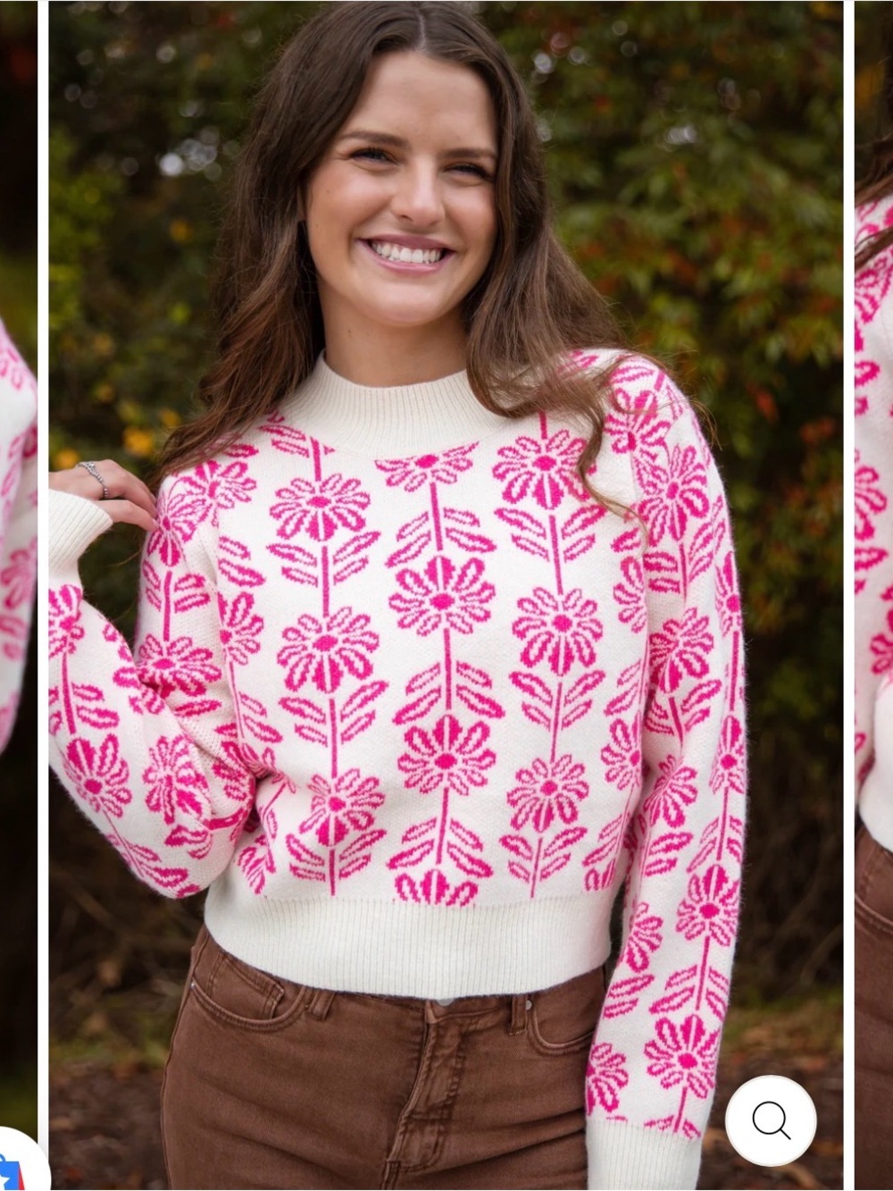 Cream Crewneck Sweater with Pink Floral Jacquard